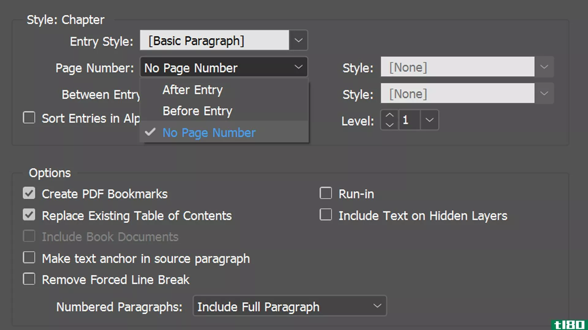 InDesign contents page setting page number to none
