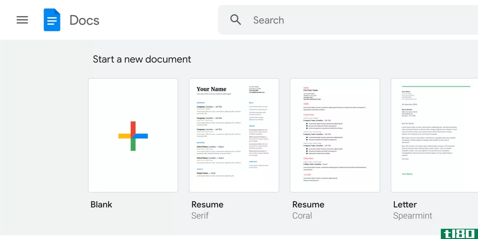 Google Docs home page with the 'start a new document' section displayed 
