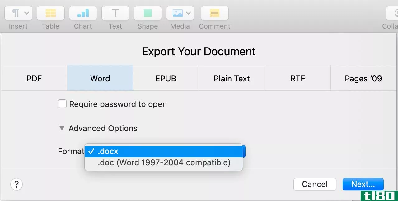 choosing the needed file format to export a document to word