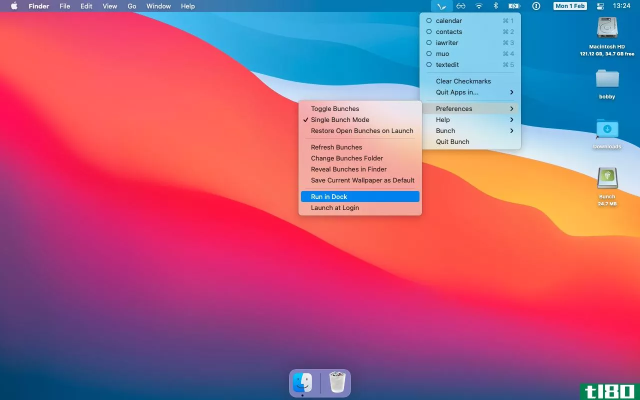 A screenshot showing the Run in Dock option from the Bunch main menu