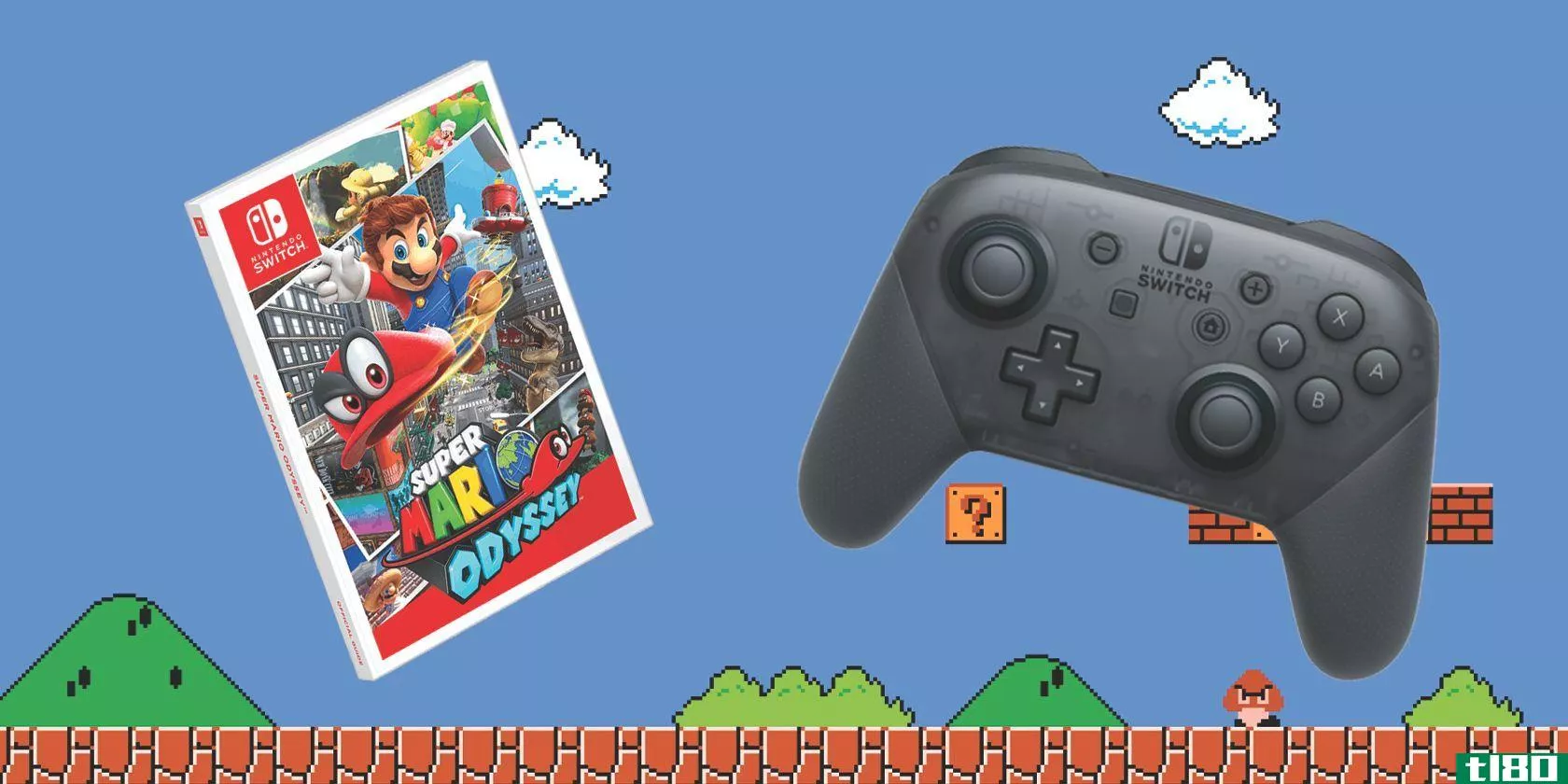 mario odyssey game box with siwtch pro controller on a Super Mario background