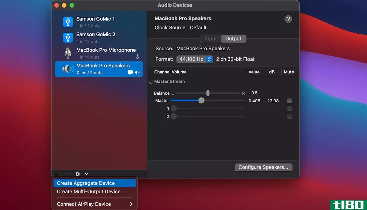 The Audio MIDI Device utility on a Mac, selecting the option to "Create Aggregate Device"