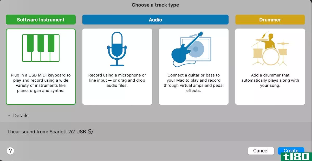 The track-type popup menu on GarageBand.