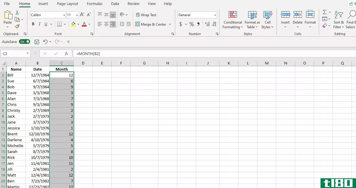 Screenshot Excel MONTH Function