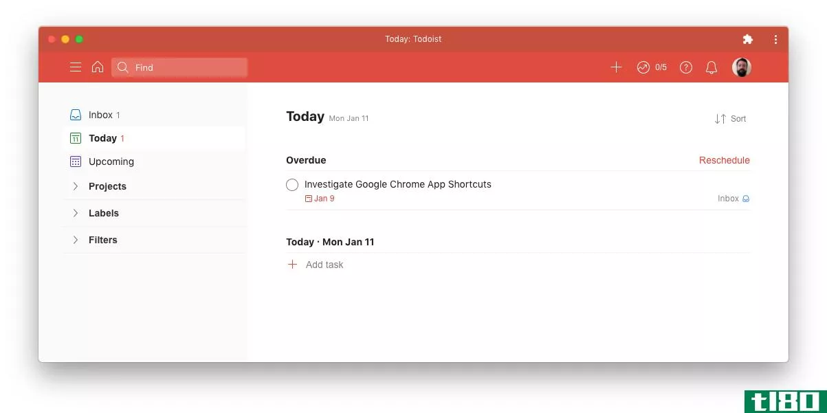 A screenshot showing the Web App Todoist running as a Chrome App Shortcut