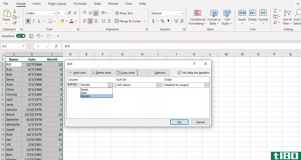 Screenshot Excel Custom Sort by Month