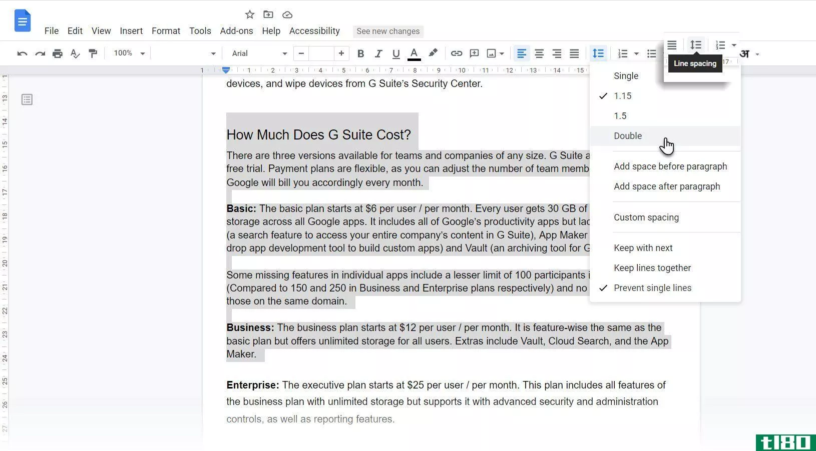 Choosing the double line spacing option from the toolbar in Google Docs