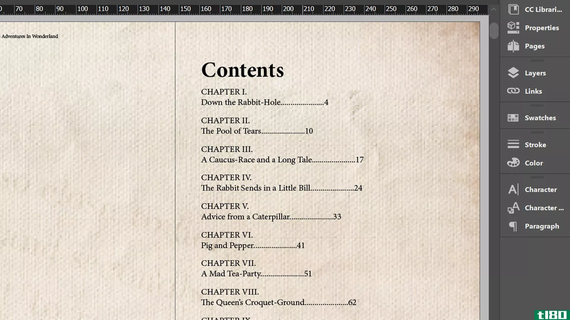 InDesign contents page with dots between titles and numbers