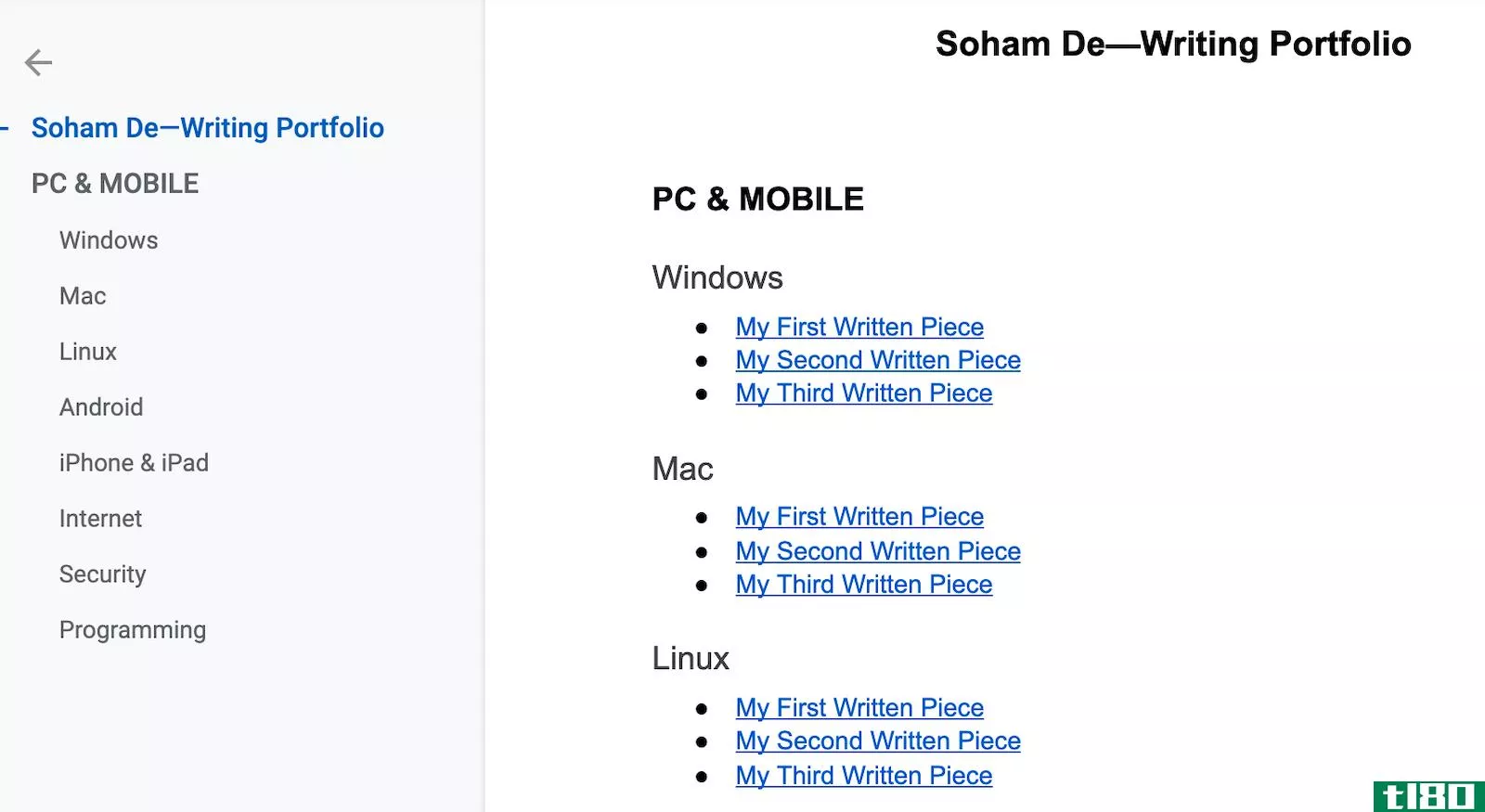 Google Docs writing portfolio main page with secti*** and subsecti*** added.