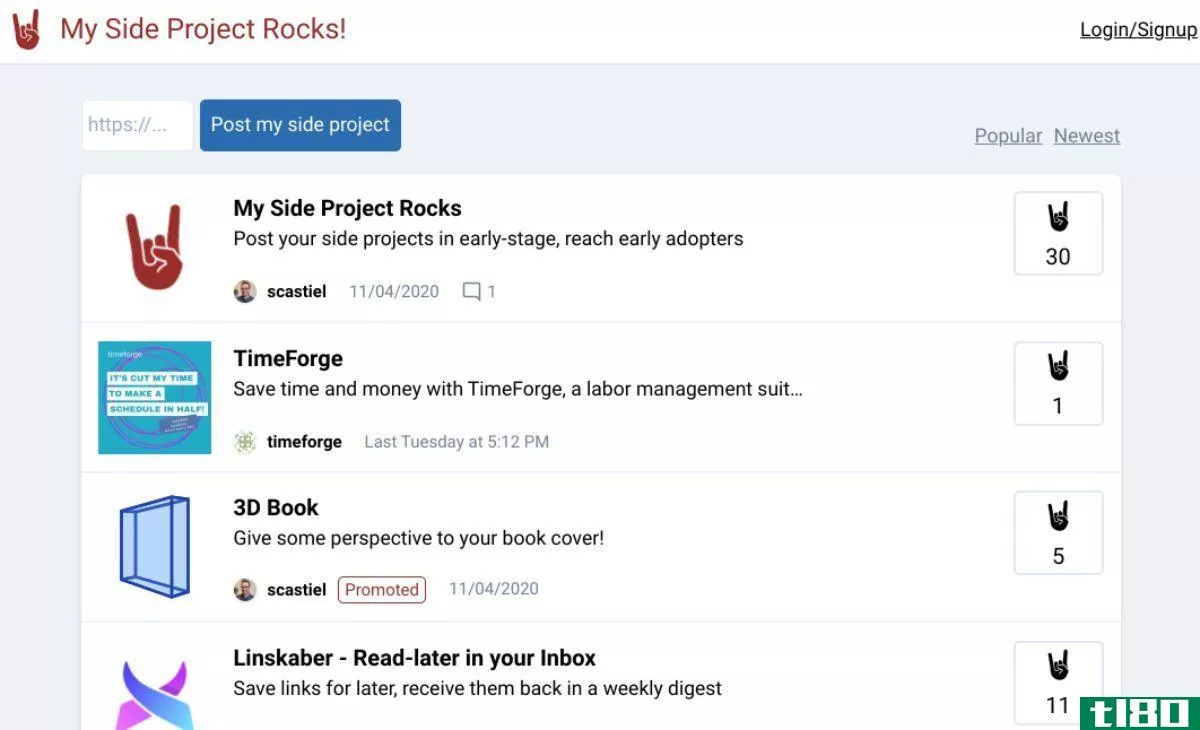 Validate your ideas about a side hustle through the community rankings at My Side Project Rocks