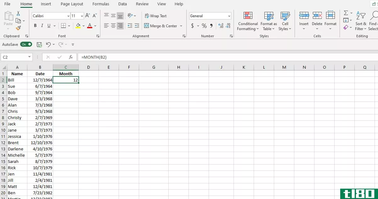 Screenshot Excel Sort MONTH Function