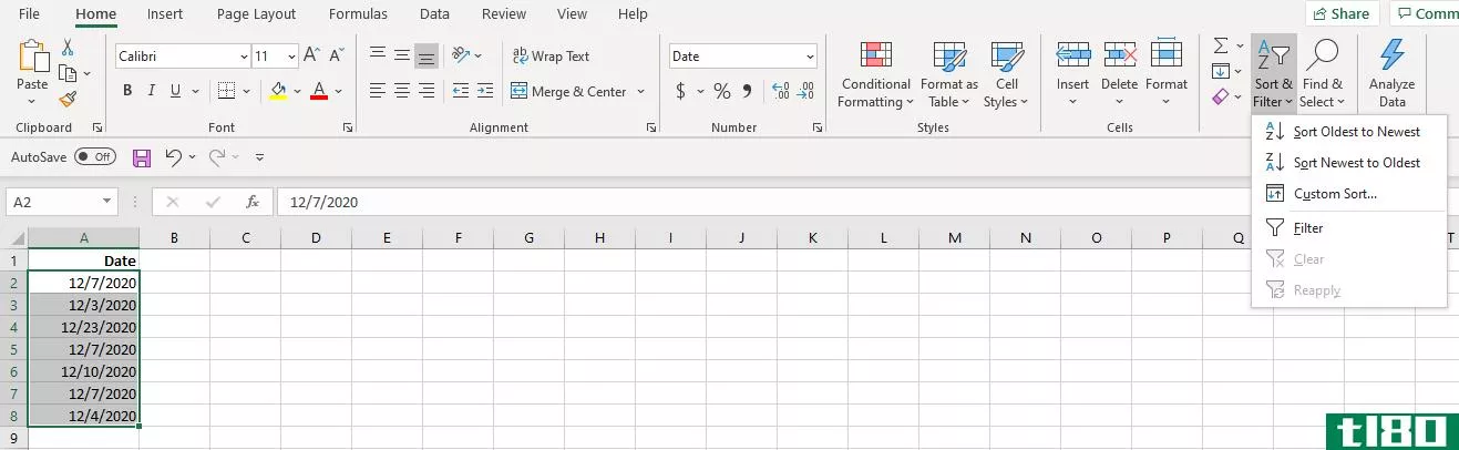 Screenshot Excel Sort Column by Date Ribbon