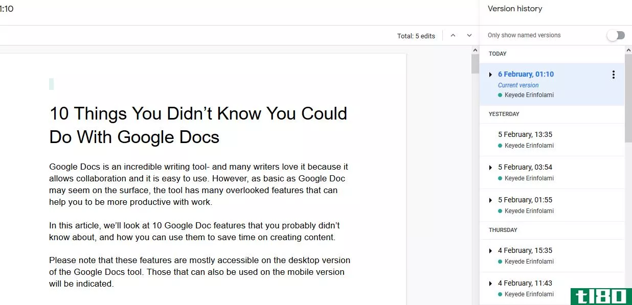 google docs version history view