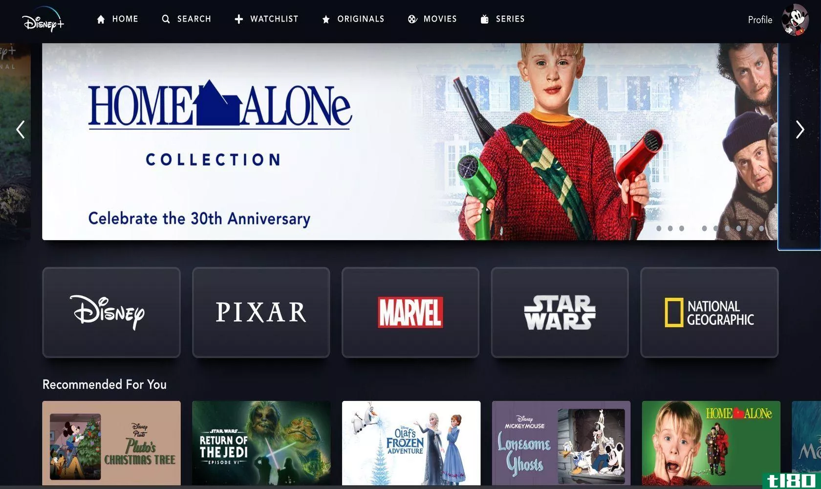 Disney+ main page of application