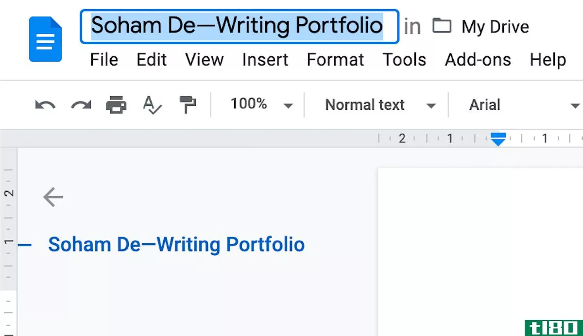 Google Docs new document with the document saved as "Soham De—Writing Portfolio"