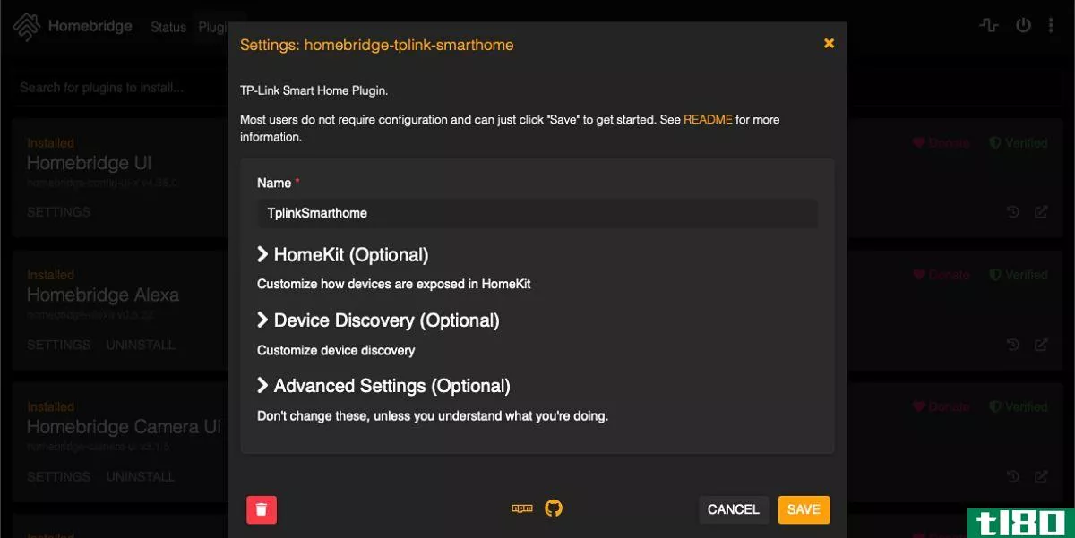 Homebridge TP-Link Settings Screen