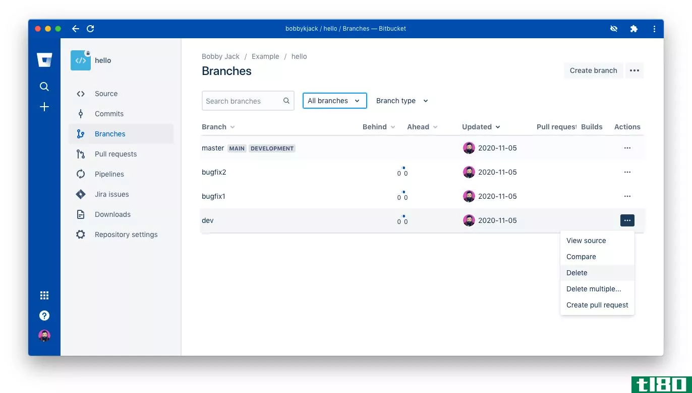 A screenshot showing a Branch Acti*** menu on Bitbucket