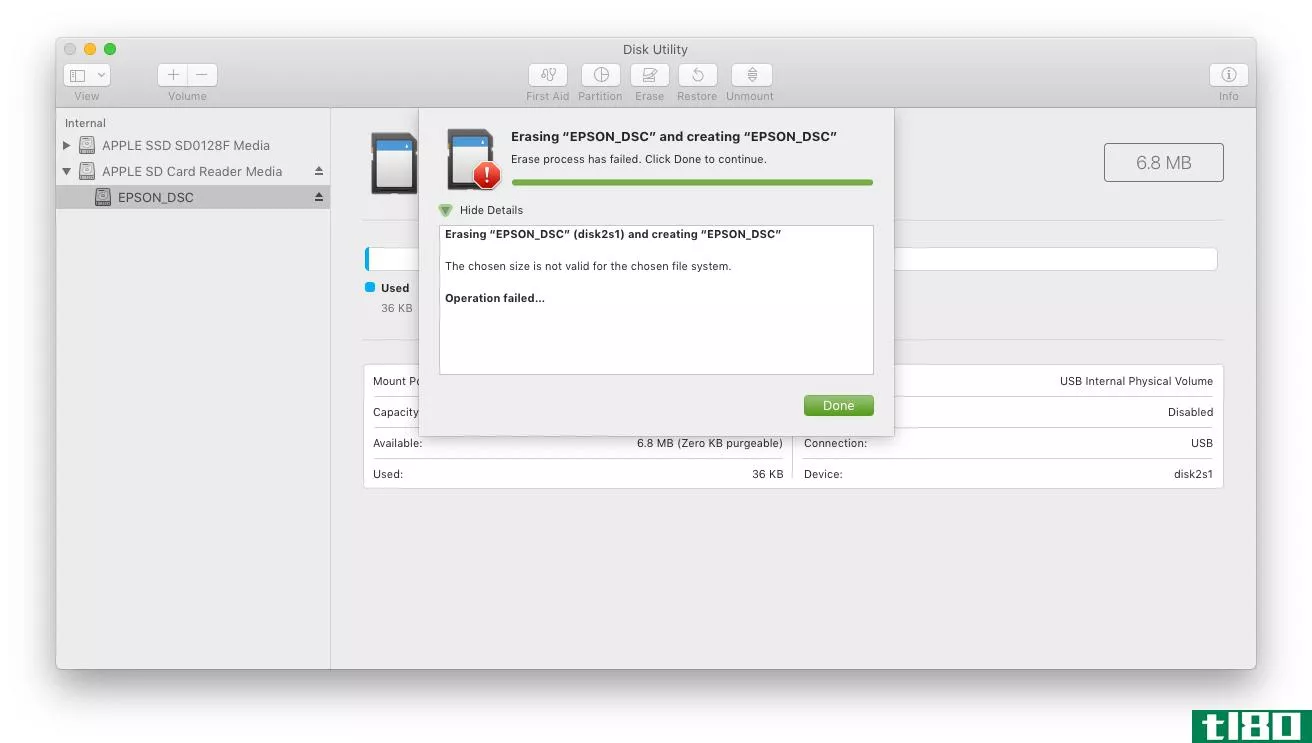 A screenshot showing a size error in Disk Utility for Mac