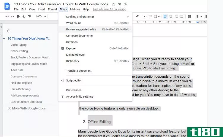Google Docs Tools dropdown menu with cursor on Review Suggested Edits