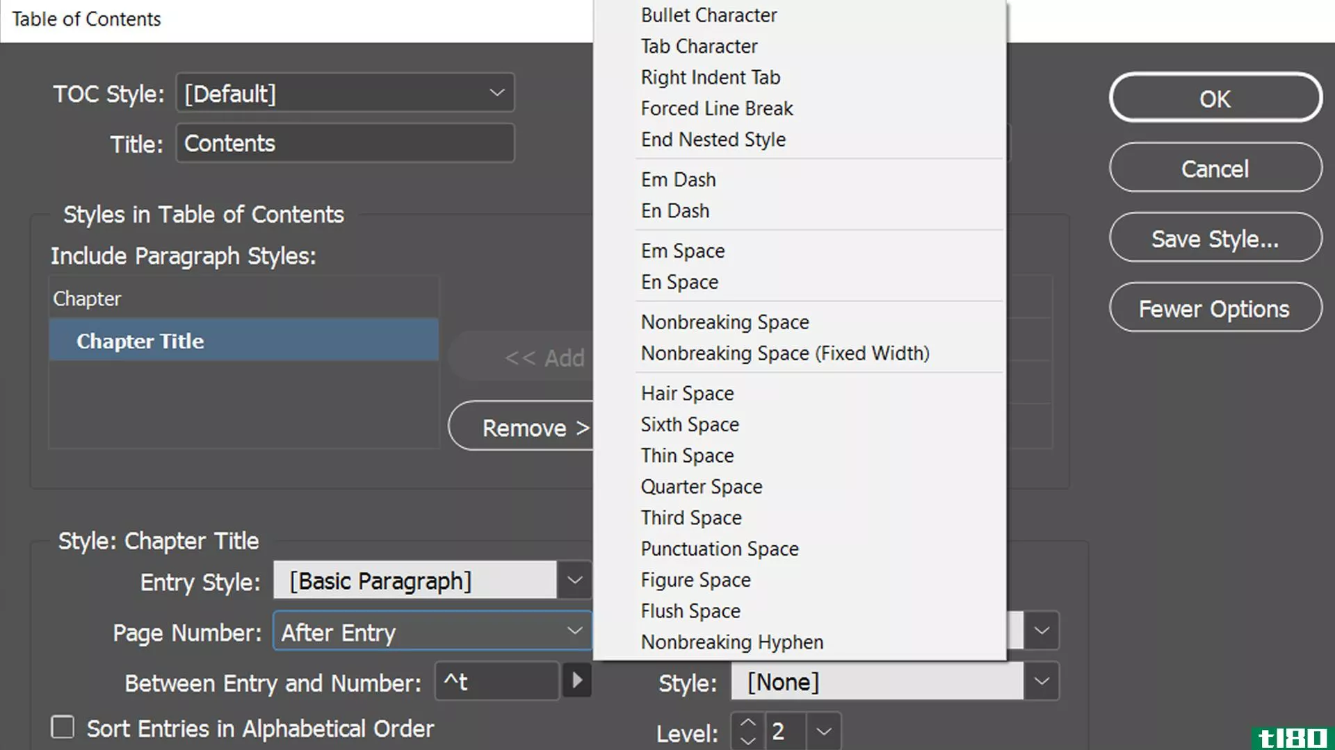 InDesign contents page between entry and number