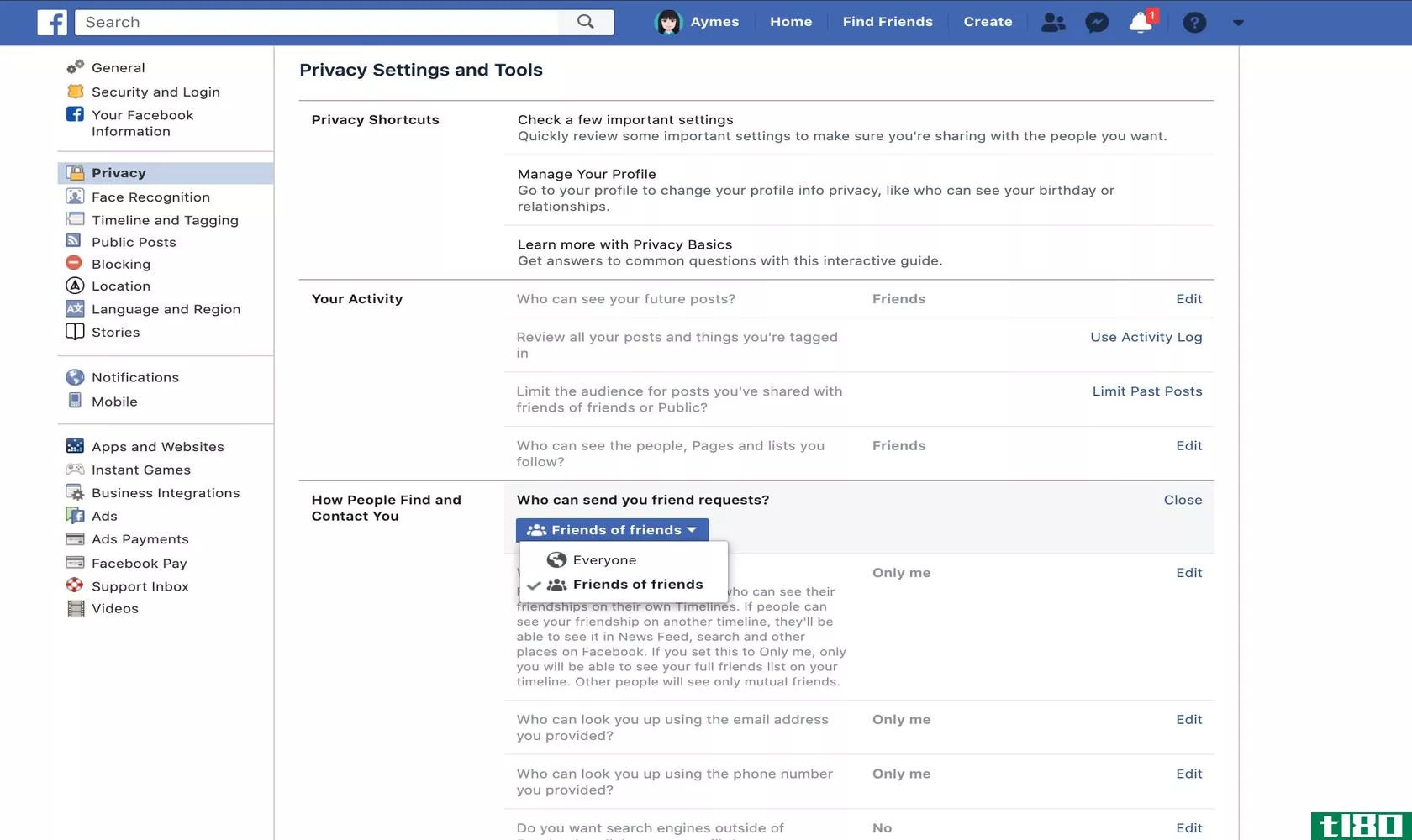 Facebook privacy settings for friend requests
