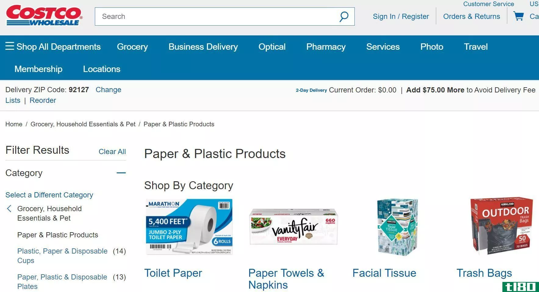 Paper and plastic products from Costco