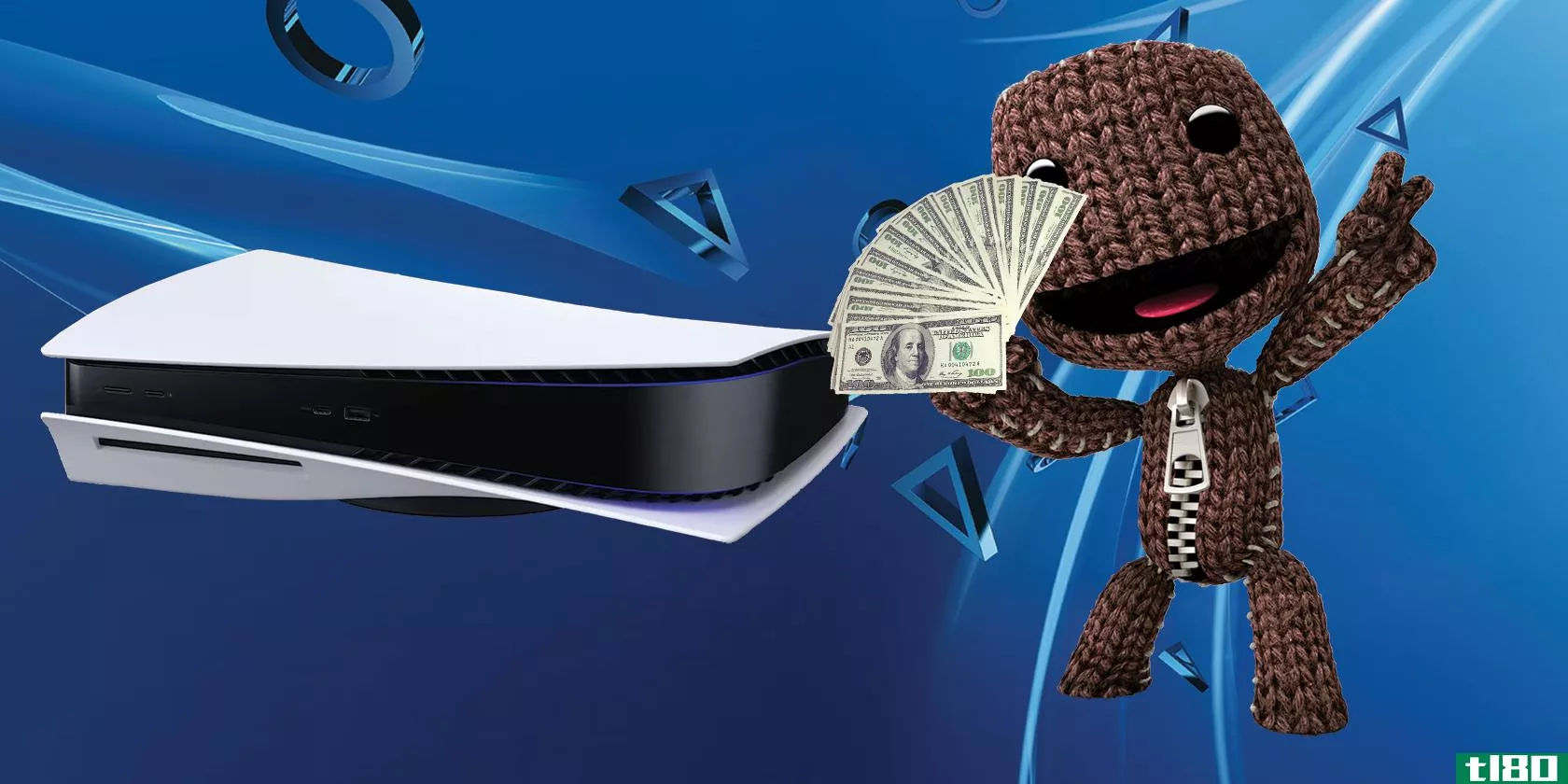 sackboy with cash and ps5