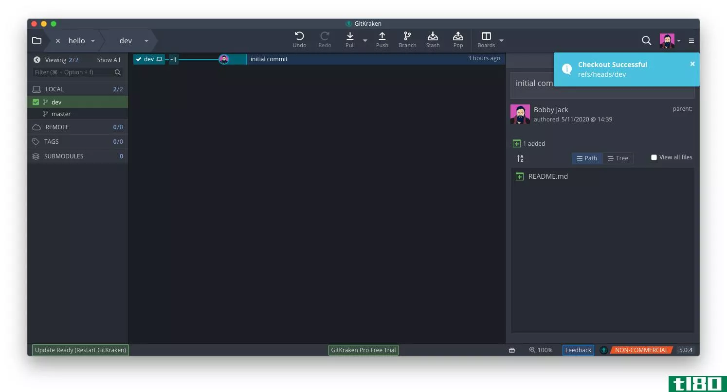 Gitkraken screenshot showing the result of a new branch being created
