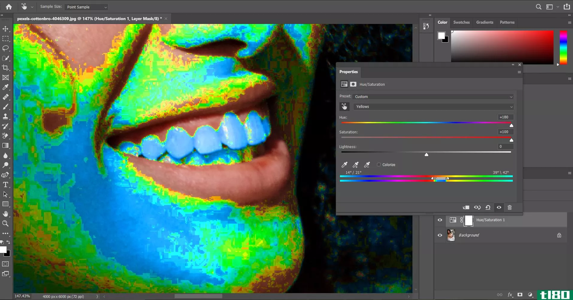 Changing hue and saturation of teeth