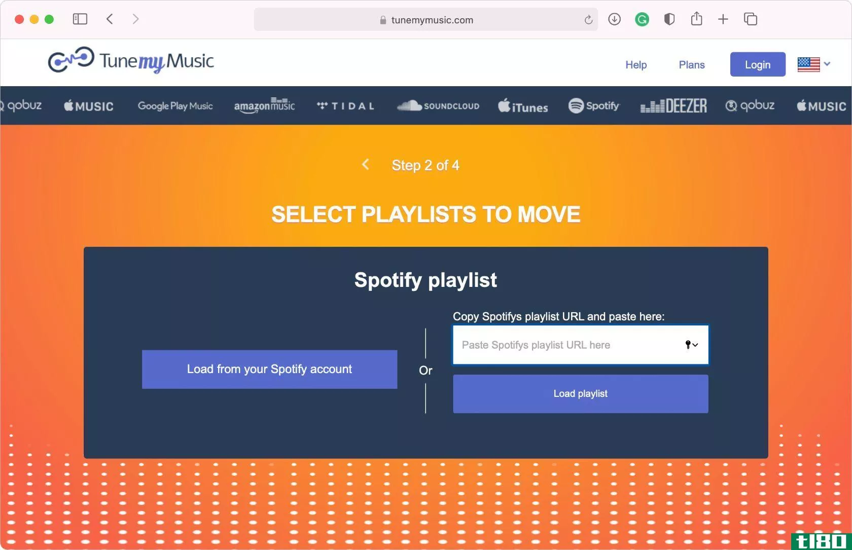 Load Spotify library or paste URL option in TuneMyMusic