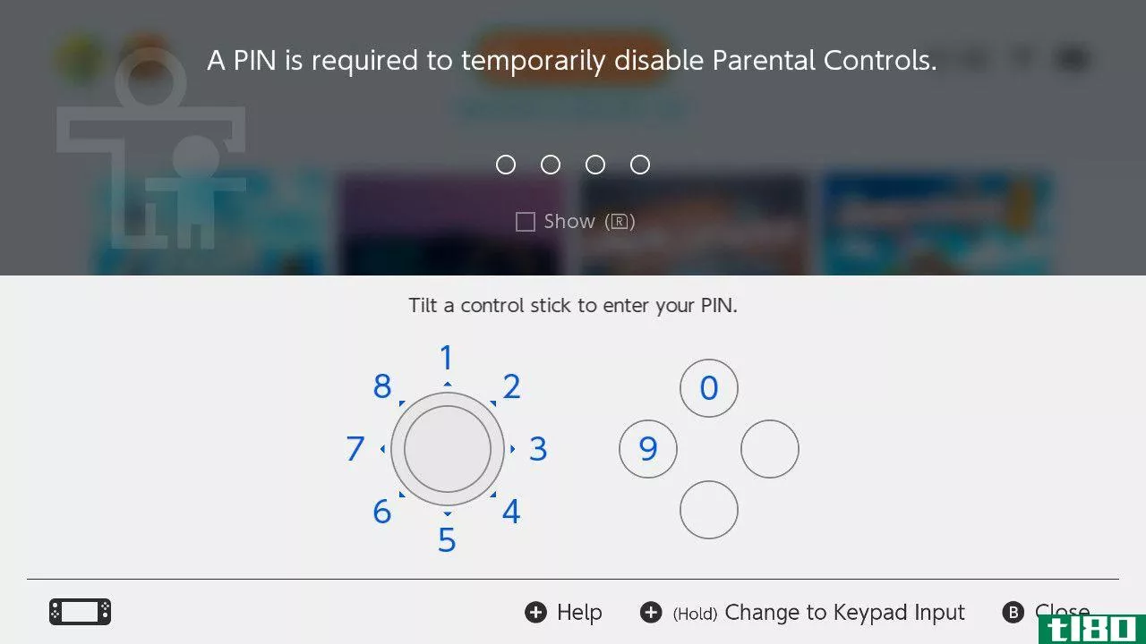 Parental controls PIN entry screen on Nintendo Switch