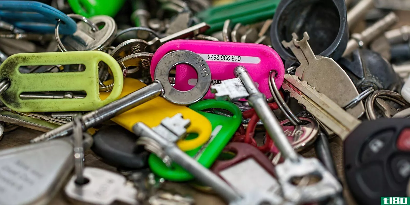 Many keys and colored key fobs
