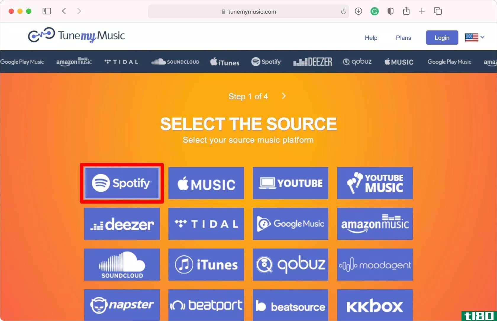 TuneMyMusic select the source
