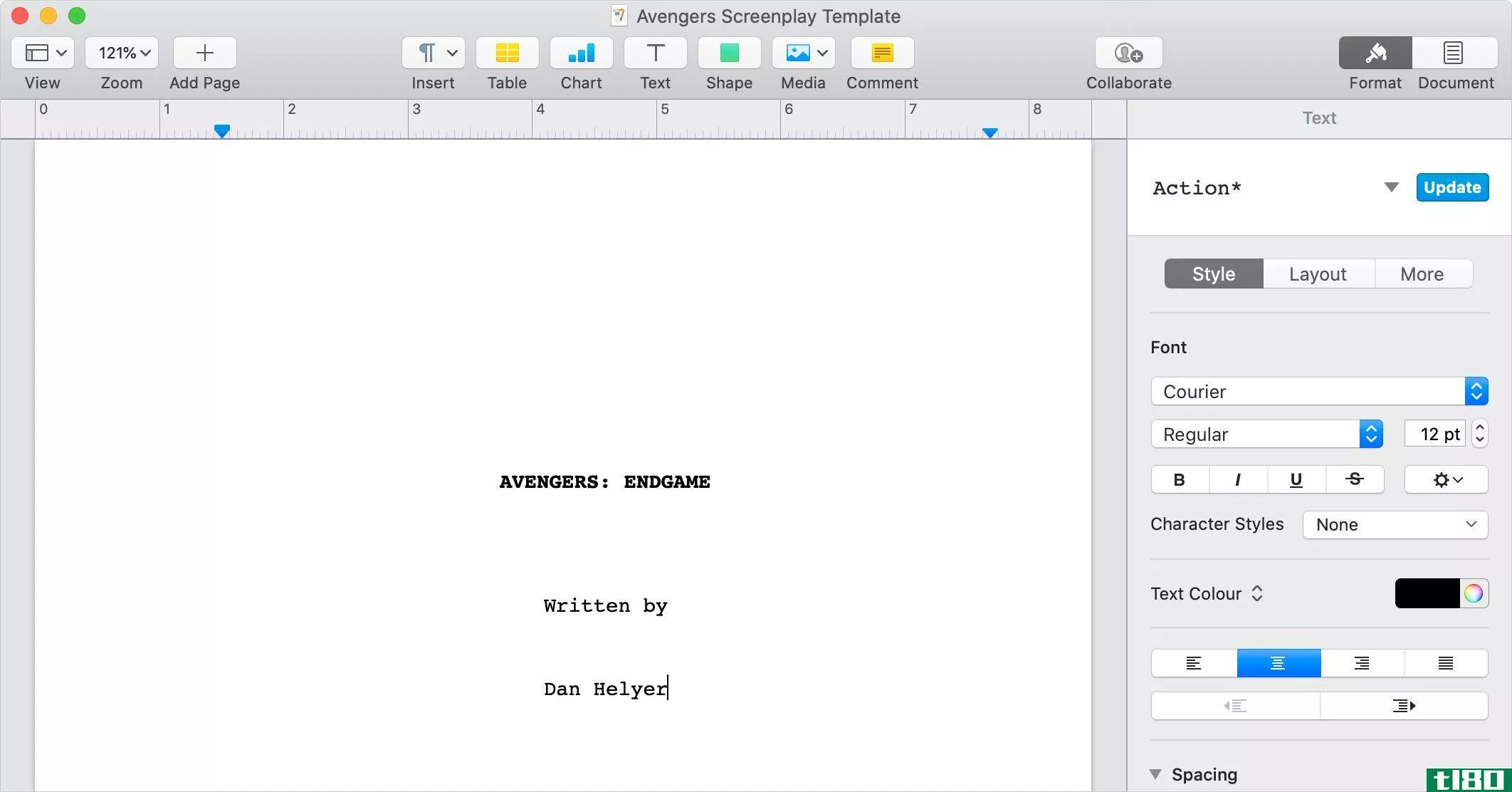 Screenplay Title Page format in Apple Pages