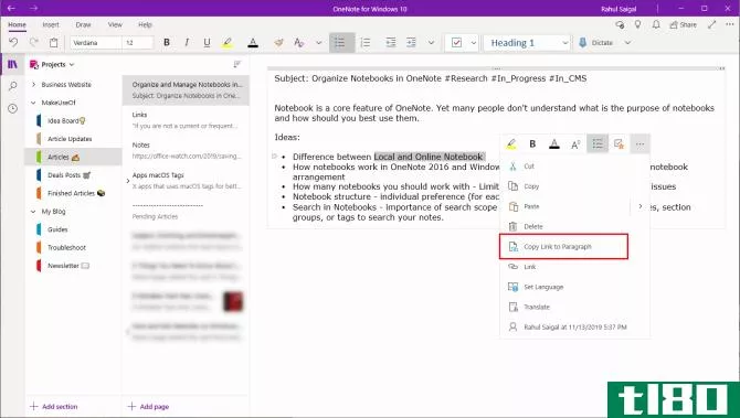 copy link to paragraph in OneNote app