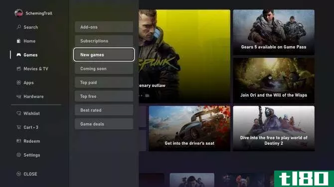 The navigation menu for the new Microsoft Store on Xbox