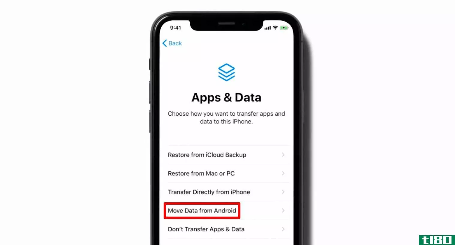 Move Data from Android option in Apps and Data on iPhone