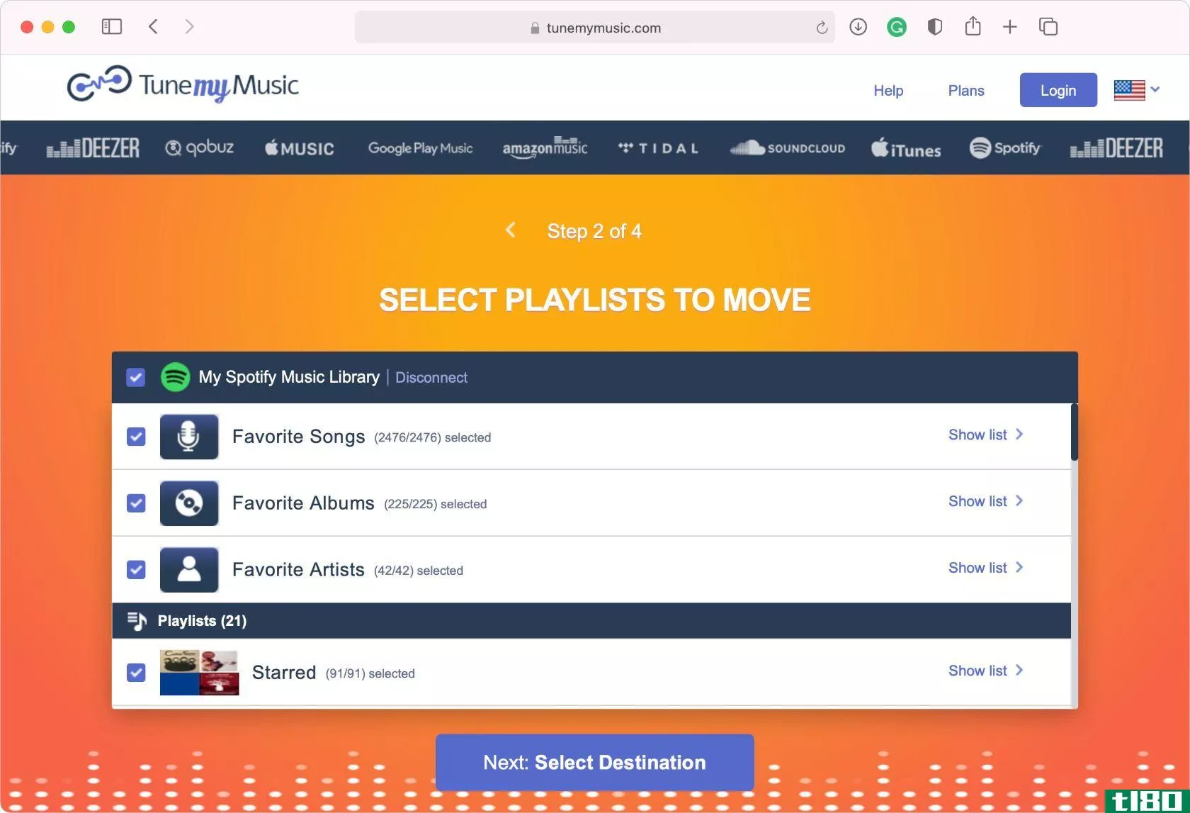 TuneMyMusic showing Spotify music library