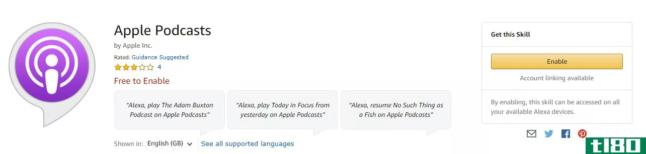 The Alexa skill page for Apple Podcasts