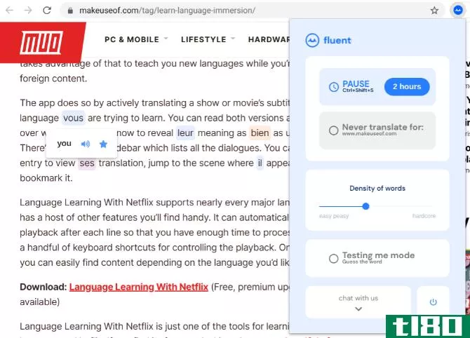 Fluent is a Chrome extension that translates random words in any web page so you can learn French while you browse the web