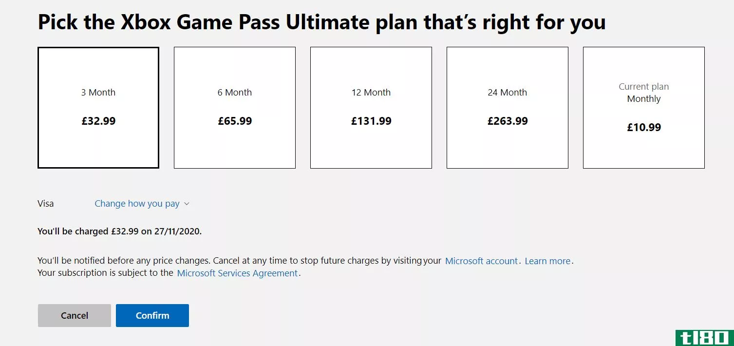 Screenshot showing Xbox's Change Payment Plan