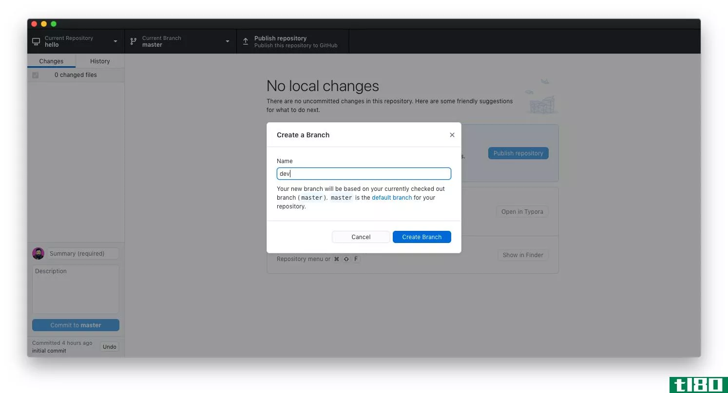 GitHub Desktop screenshot showing prompt to confirm a new branch name