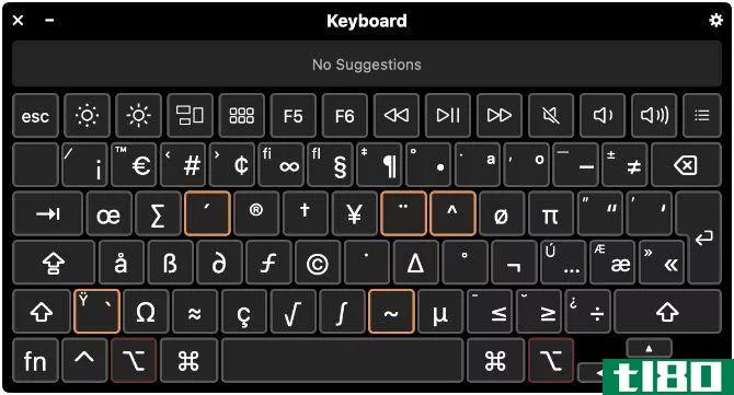 Keyboard viewer showing special character shortcuts on a Mac