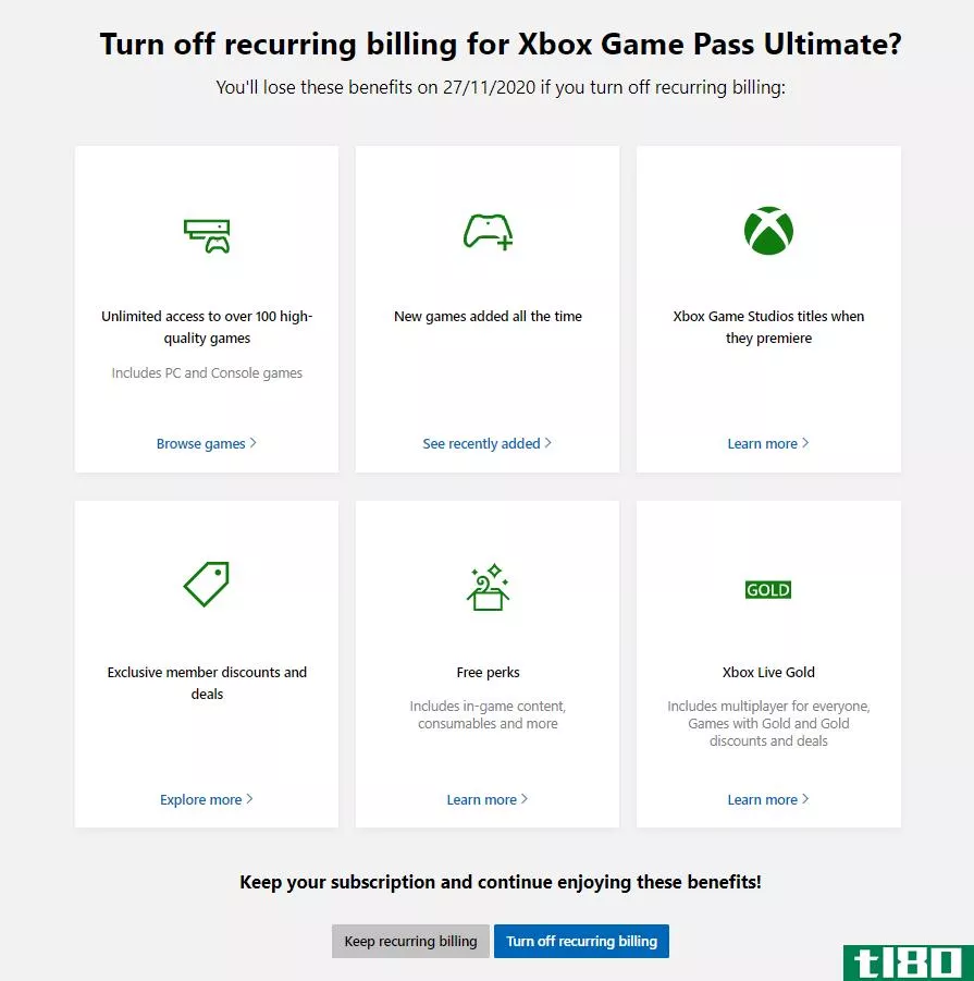 Screen showing Microsoft's Recurring Billing confirmation page