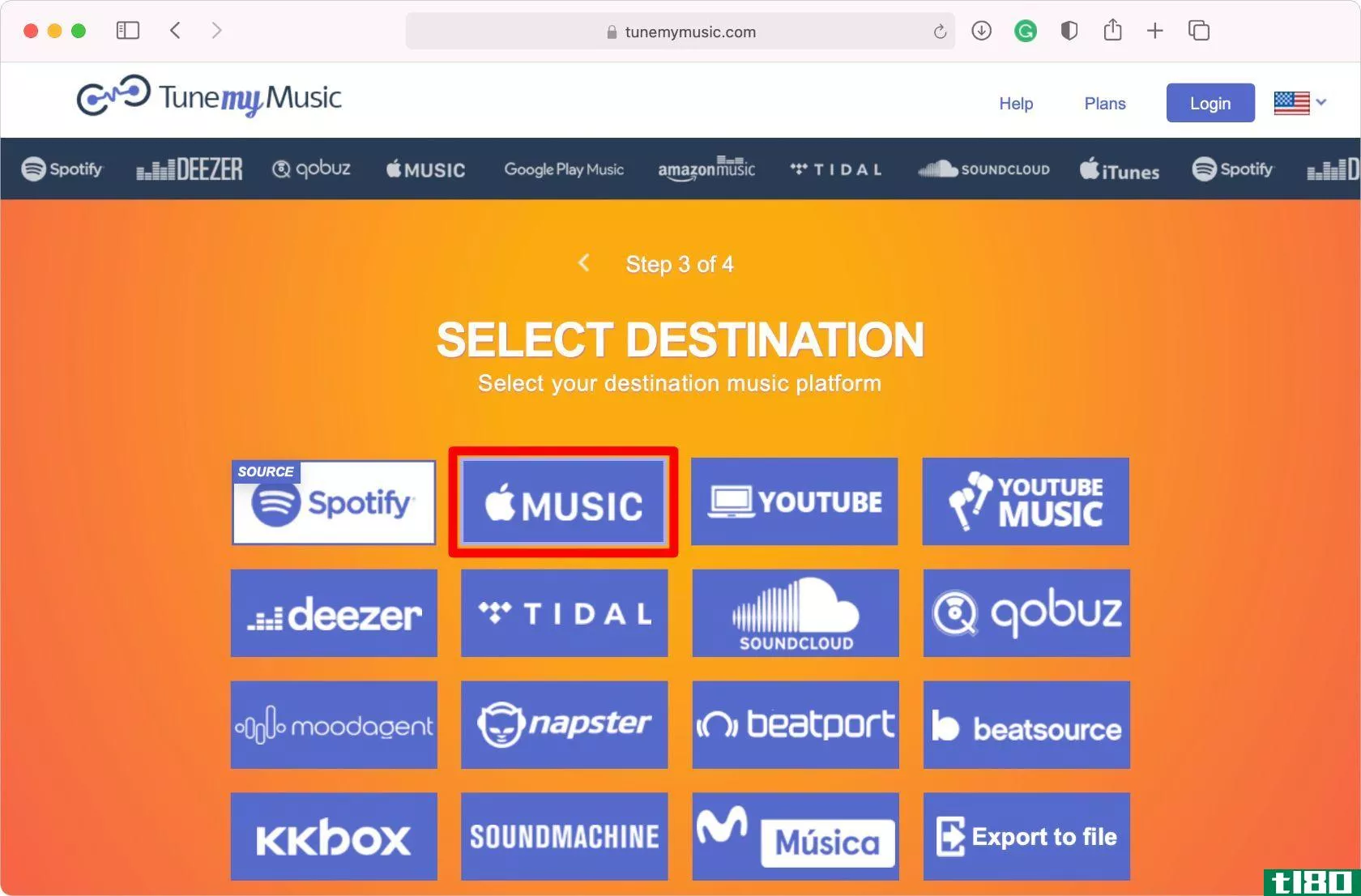 TuneMyMusic destination option highlighting Apple Music