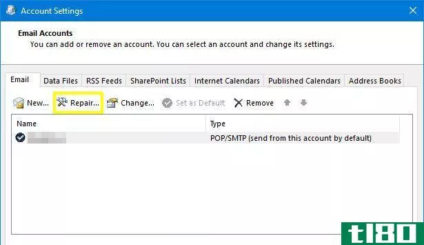 Repairing Email in Outlook Account Settings