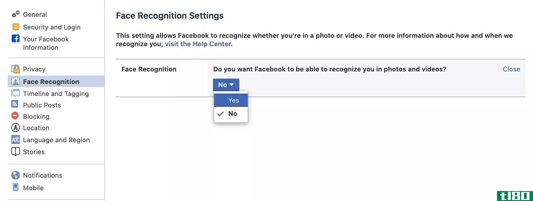 Facebook settings for facial recognition
