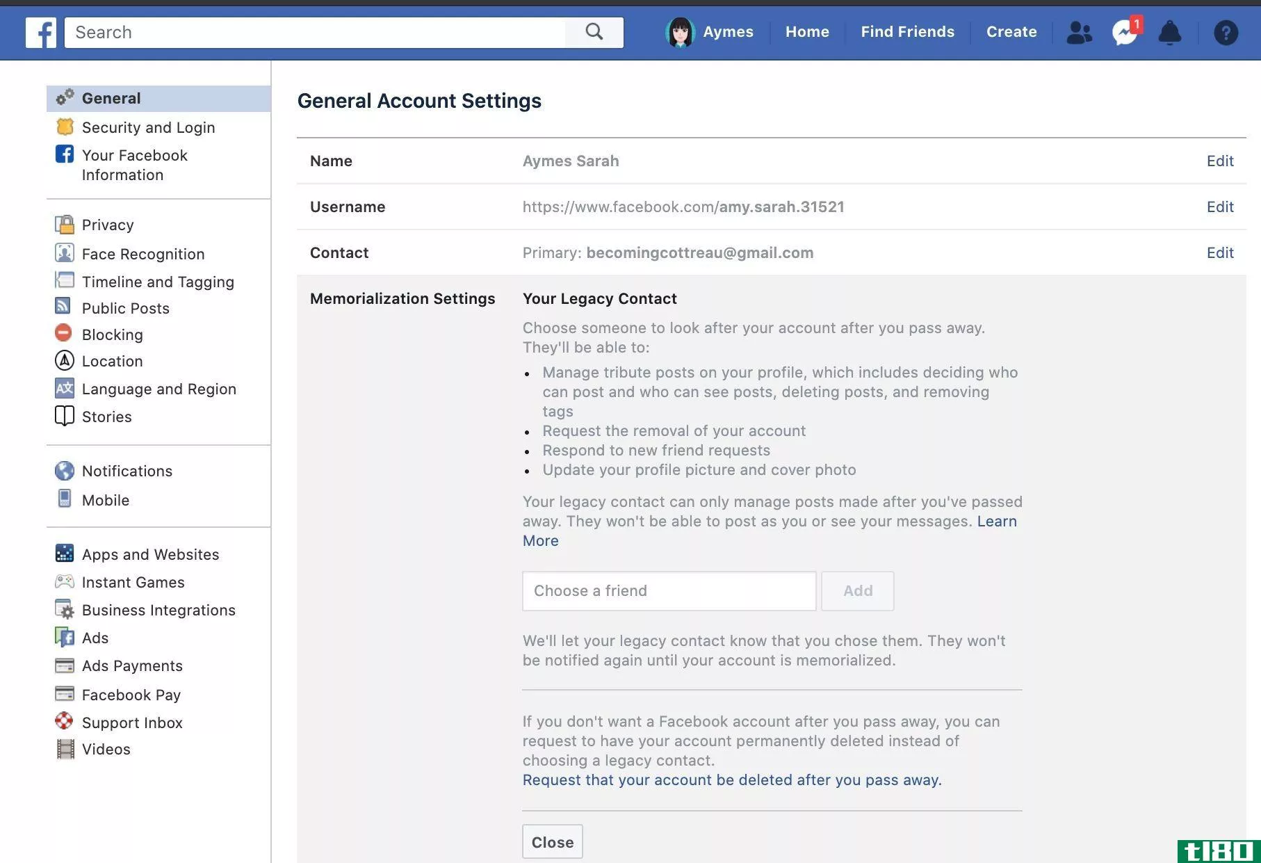 Facebook legacy account settings