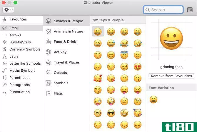 Special character viewer window in macOS