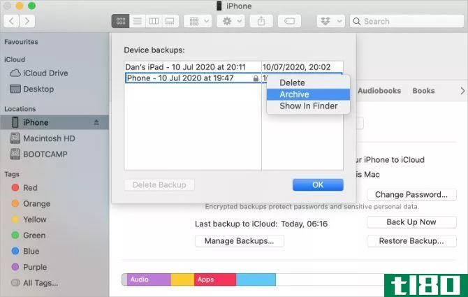 Manage Backups window with Archive option in Finder